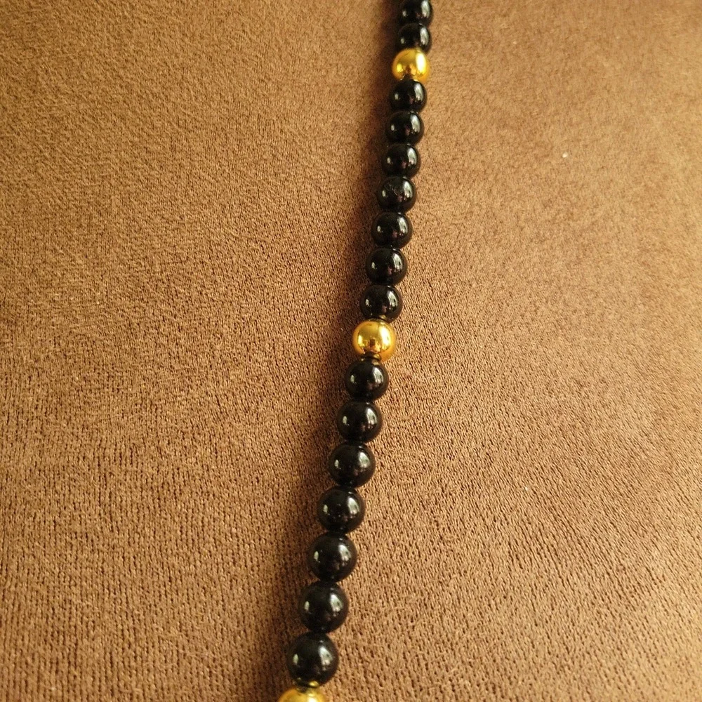 Vintage Trifari Black Gold Tone Beaded Opera Length Necklace 30
